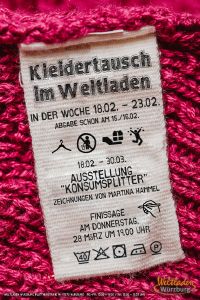 Eine Kleidertausch-Aktion veranstaltet der Weltladen Würzburg. Die Aktion ist Auftakt der Ausstellung "Konsumsplitter" und macht auf nachhaltiges Konsumverhalten aufmerksam.