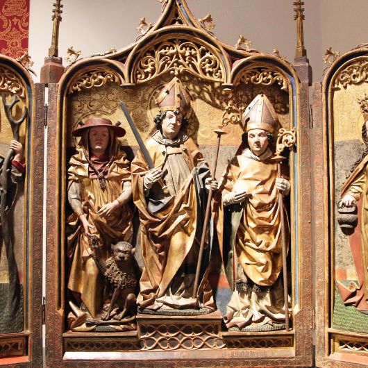 Der Kilians-Altar aus dem Historischen Museum Basel ist als Leihgabe im Museum für Franken in Würzburg zu sehen: Er zeigt (von links) die Heiligen Christophorus, Hieronymus, Kilian, Burkard und Dorothea.
