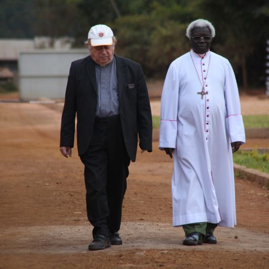 Weggefährten und Freunde: Bischof em. Dr. Paul-Werner Scheele und Bischof em. Dr. Emmanuel Mapunda 2011 auf dem Gelände des Bischofshauses von Mbinga.