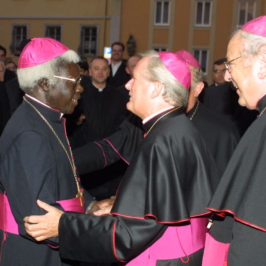 Am Vorabend der Amtseinführung von Bischof Dr. Friedhelm Hofmann im Jahr 2004 begrüßt Bischof Dr. Emmanuel Mapunda diesen in Würzburg.