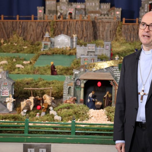 Für die diesjährige Weihnachtsansprache stand Bischof Dr. Franz Jung in Salz (Landkreis Rhön-Grabfeld) an der Krippe der Pfarrkirche vor der Kamera.
