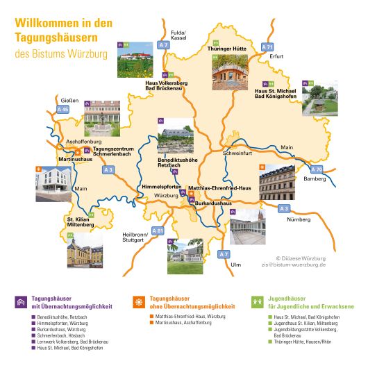 Übersichtskarte der Tagungshäuser im Bistum Würzburg.