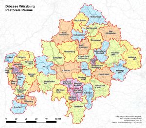 Karte der zukünftigen 43 Pastoralen Räume im Bistum Würzburg.