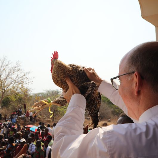 Bischof Dr. Franz Jung bekommt in Nkile mehrere Hühner geschenkt.