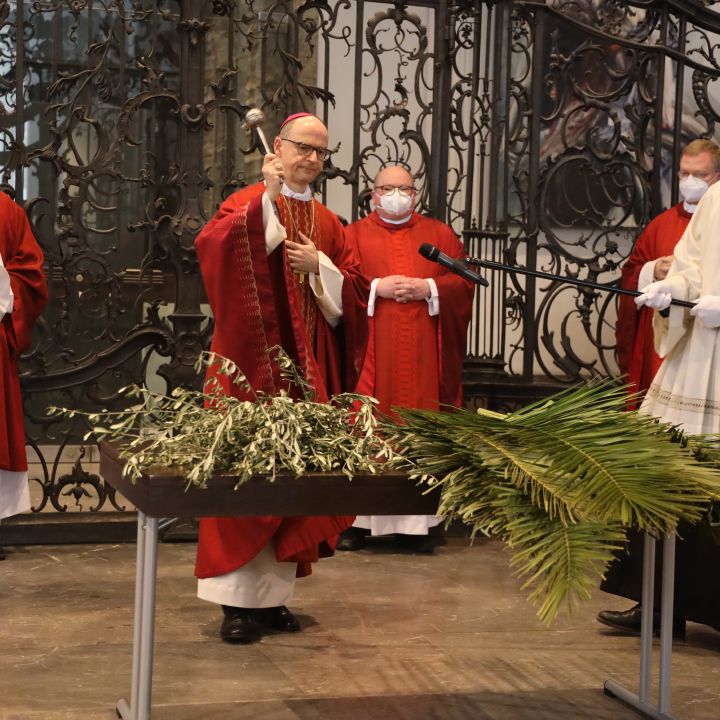 	
Erstmals seit zwei Jahren beginnt die Karwoche wieder mit der feierlichen Prozession am Palmsonntag. Im vergangenen Jahr segnete Bischof Dr. Franz Jung die Palmzweige am Menoraleuchter im Kiliansdom.