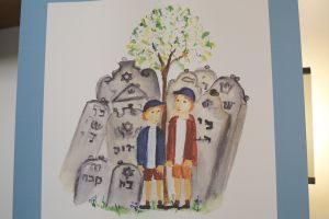 Das Buch "Zwei von jedem" handelt von der Verfolgung einer jüdischen Familie durch die Nazis. Die Illustratorin Rebecka Lagercrantz schuf dafür Bilder voller Hoffnung, hier symbolisiert durch den blühenden Baum im Hintergrund. 
