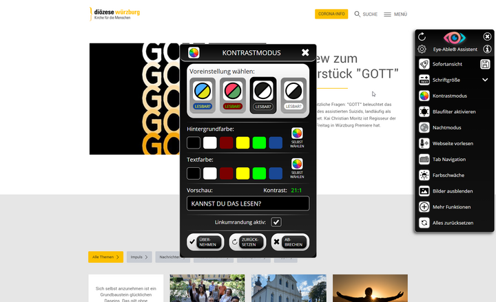 Screenshot der Software Eye-Able auf www.bistum-wuerzburg.de